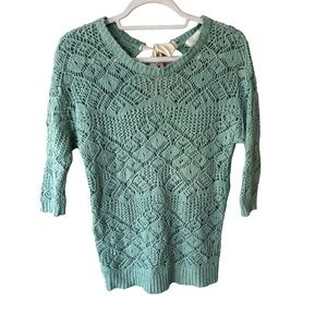 LOFT 82 Light Green Crochet Knit Sweater Size S Boho Lightweight Cozy Spring